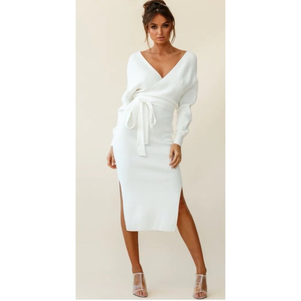 FORE M Midi Knit Sweater Dress Ivory Long Sleeve Stretch V Neck Classic NEW